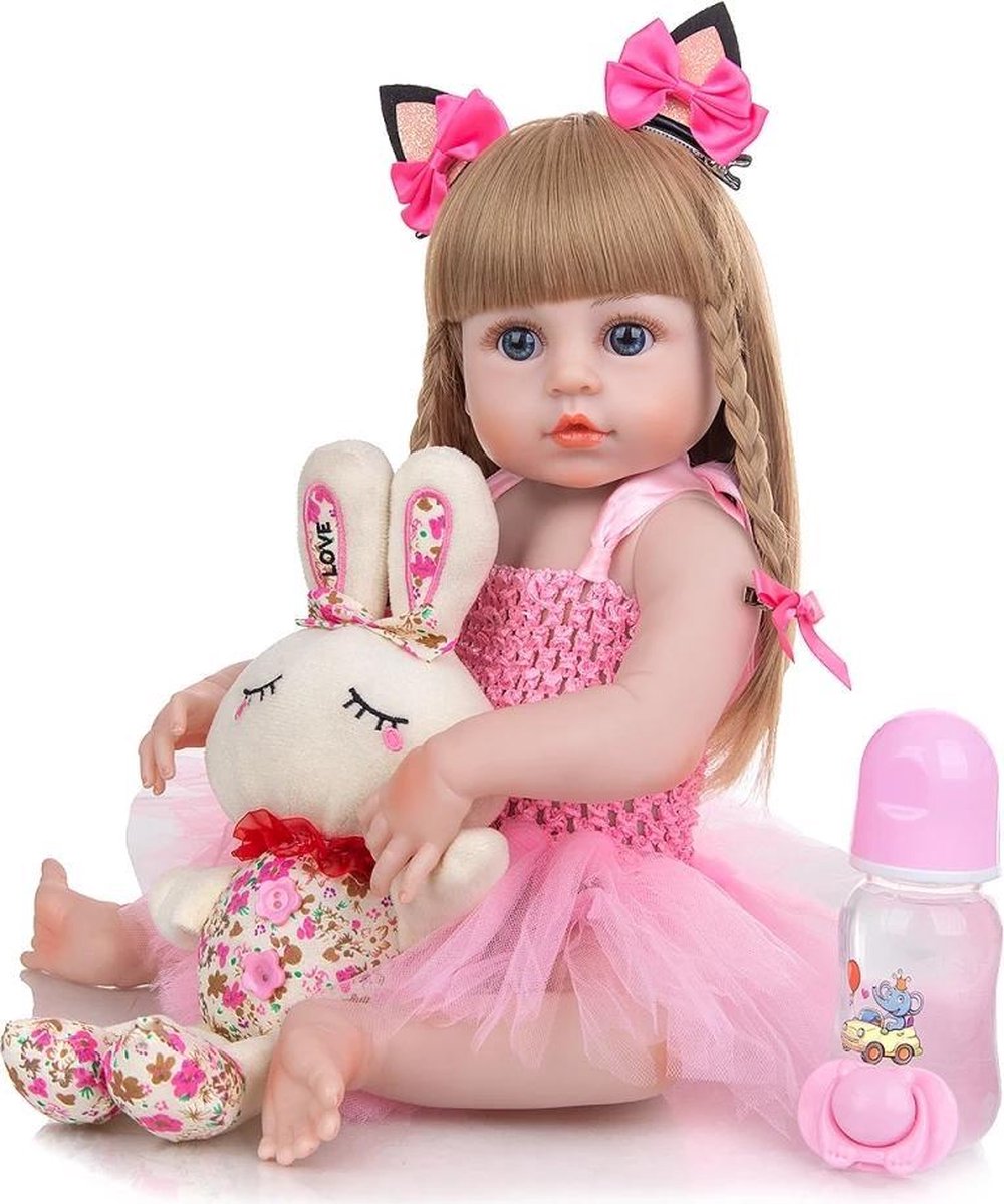 Reborn baby pop Mandy - 55 cm - Blond meisje met roze outfit - Met knuffel, speen en fles - Full body silicone - Levensechte babypop - Waterproof